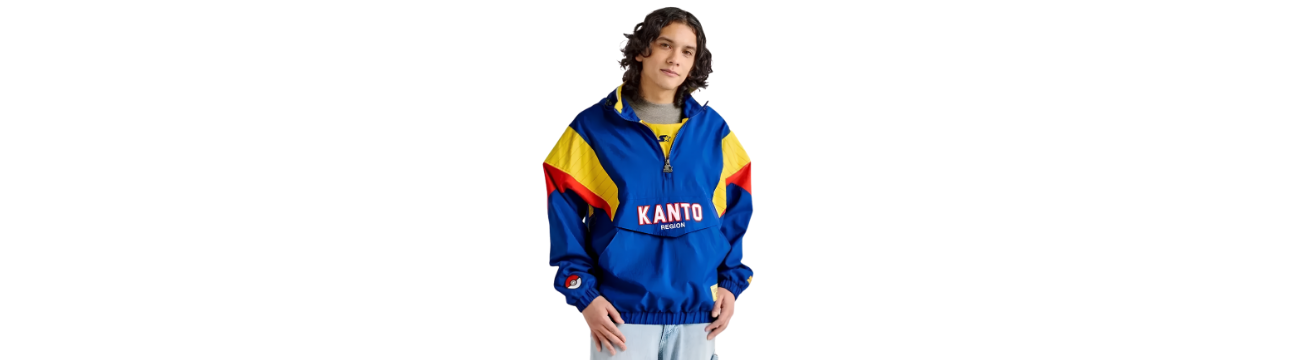 Pokémon Starter Kanto Color Block Yellow Shoulder Panels, Poké Ball Sleeve Detail Blue Half Zip Anorak Windbreaker Jacket