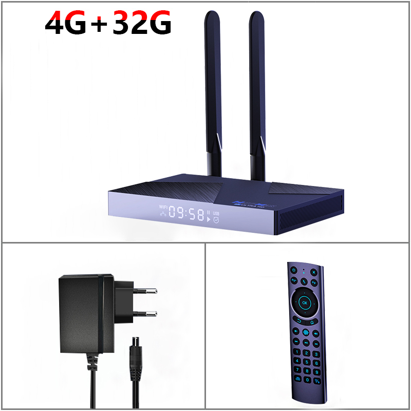 Strong 8K IPTV Player featuring 4GB RAM and 32GB storage, dual external WiFi antennas, LED display, power adapter, and remote control for ultra-fast 8K streaming and IPTV entertainment.